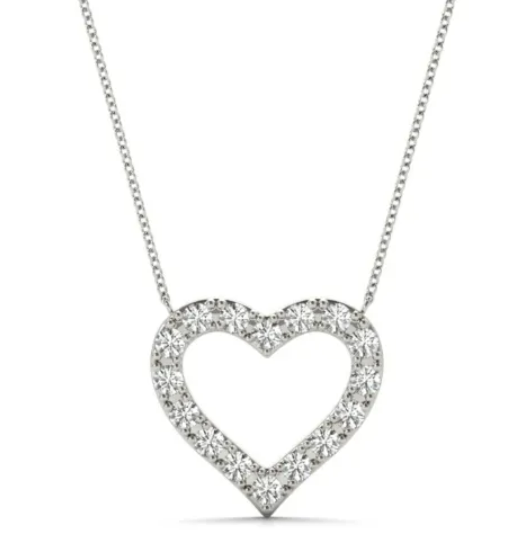 Open heart pendant outlined with small diamonds on a white-metal chain