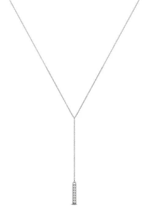 Y-shaped necklace with a long fine chain ending in a diamond-set bar