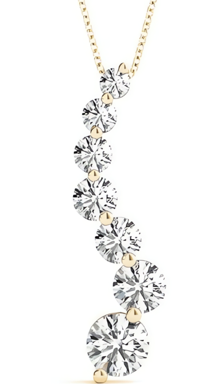 Curving Ritani journey pendant with round diamonds increasing in size