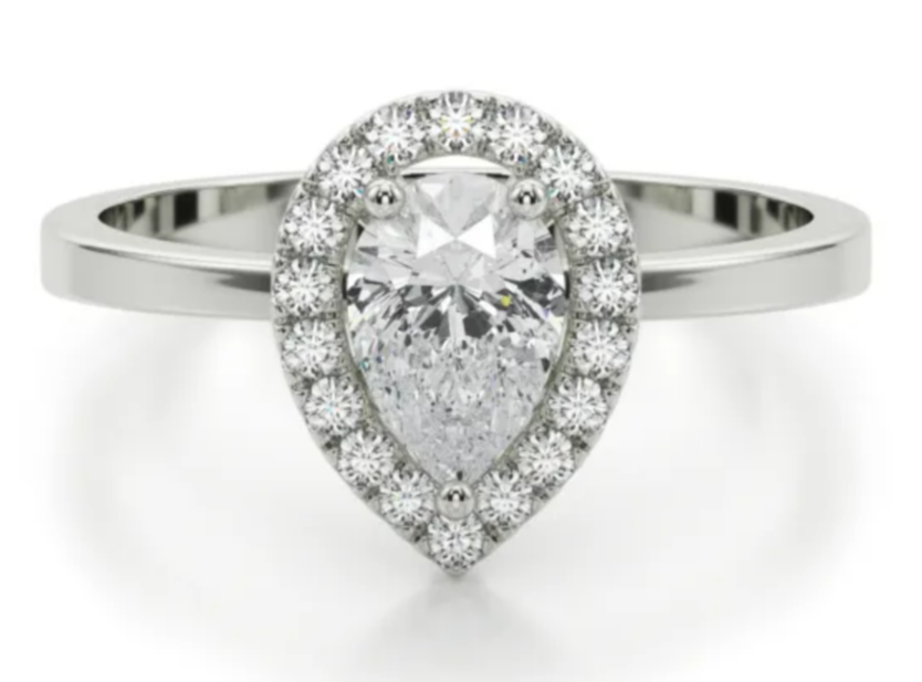 Pear-shaped diamond halo ring on a plain white-gold band