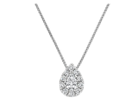 Pear-shaped halo diamond pendant on a white-gold chain