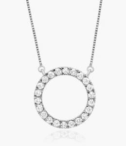 White-metal circular pendant set with round diamonds on a box chain