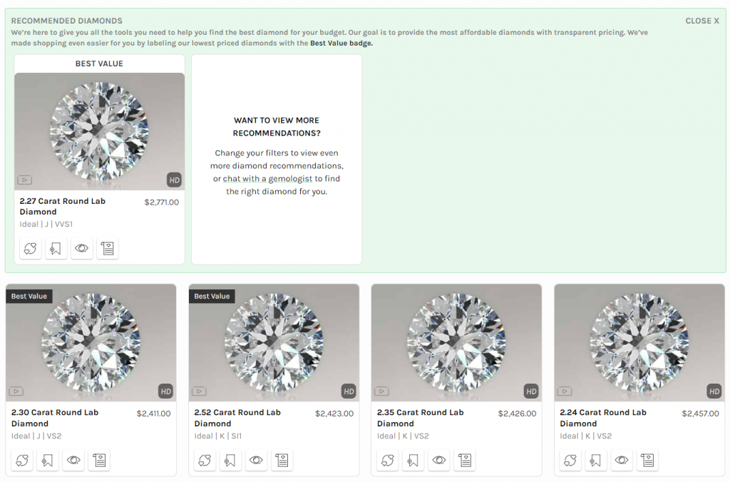 Diamond suggestions from our earlier Ritani shopping research. Suggested alternative diamonds shown in our earlier Ritani research