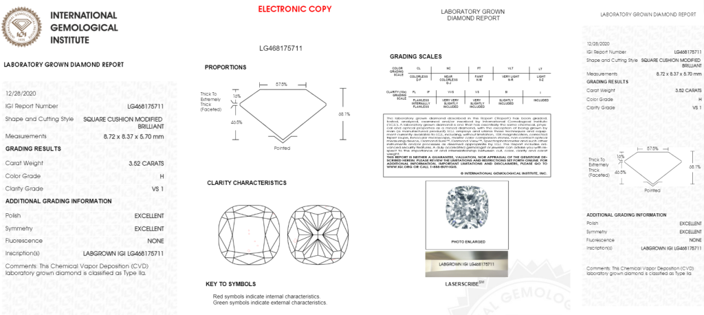 Cushion-cut grading report example IGI report example for a cushion-cut lab-grown diamond