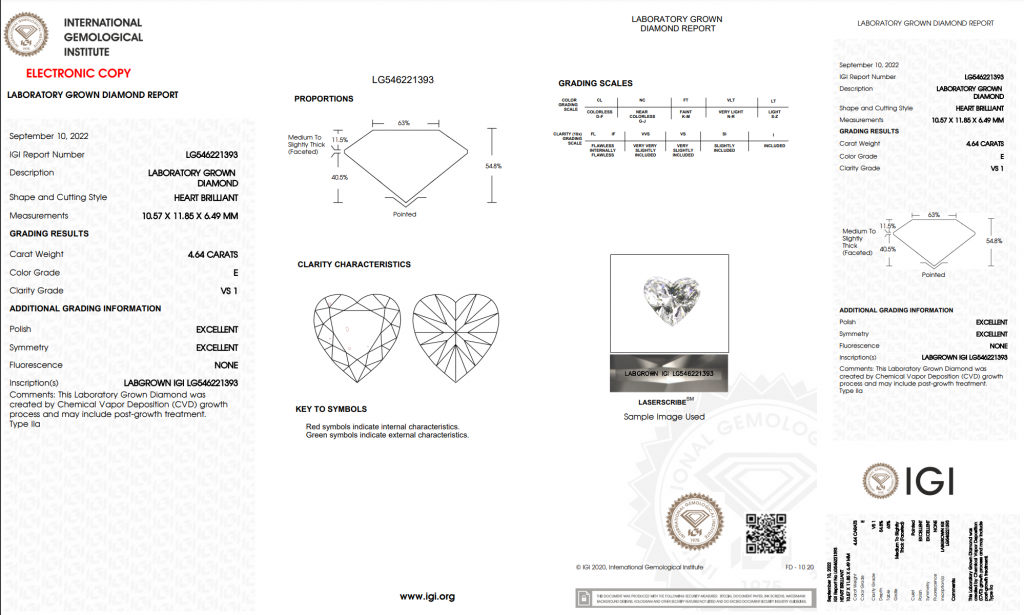 This 2022 IGI report records the measurements, color, clarity and growth method. IGI report for a 4.64-carat E-color VS1 laboratory-grown heart brilliant, dated September 10, 2022