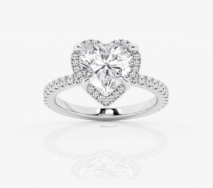 Heart-shaped diamond surrounded by a halo on a pavé ring band
