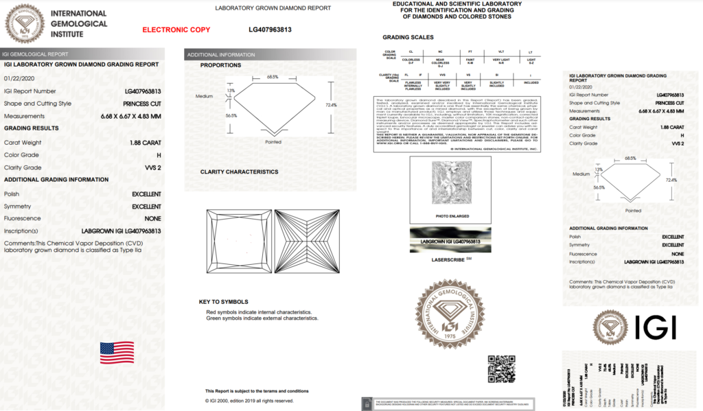 Grading report for a princess-cut lab-grown diamond