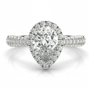 Pear center surrounded by a halo and diamond-set white-metal band