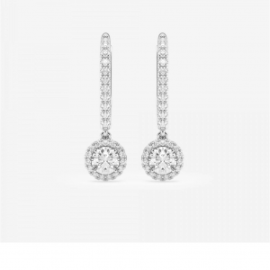 Two diamond-set drop earrings ending in round diamond halos