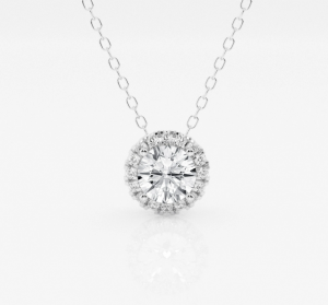 Round diamond halo pendant on a white-metal chain