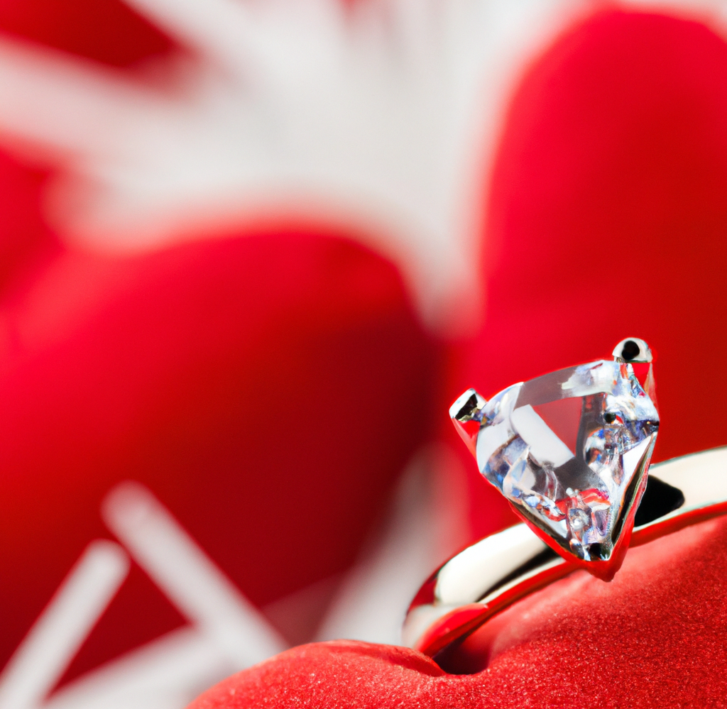 Decorative heart-shaped solitaire ring illustration against a red Valentine background