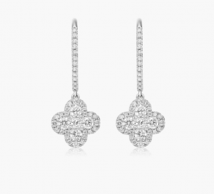 White-metal drop earrings with diamond-set clover motifs