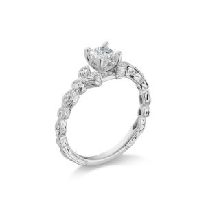 White-metal ring with a square center and sculpted leaf-like diamond shoulders