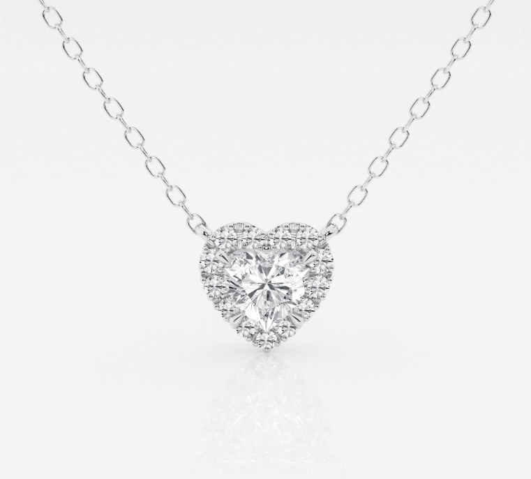 Heart-cut center diamond inside a halo on a white-metal chain