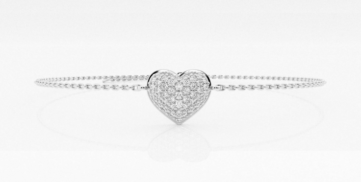 Pave diamond heart connected to a fine white-metal bracelet chain