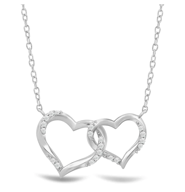 Two interlocked open hearts with small diamond-set sections on a white-metal chain