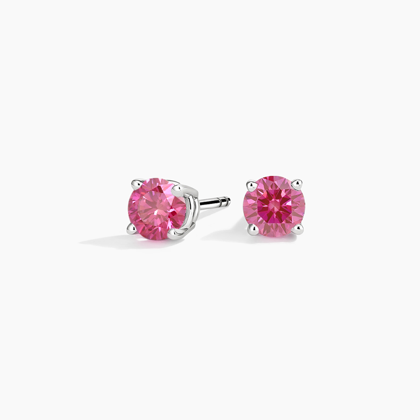 Round pink diamond stud earrings in white-metal four-prong settings
