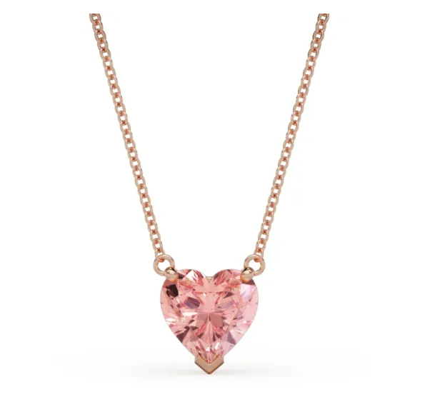 Single pink heart-cut diamond pendant on a rose-gold-colored chain
