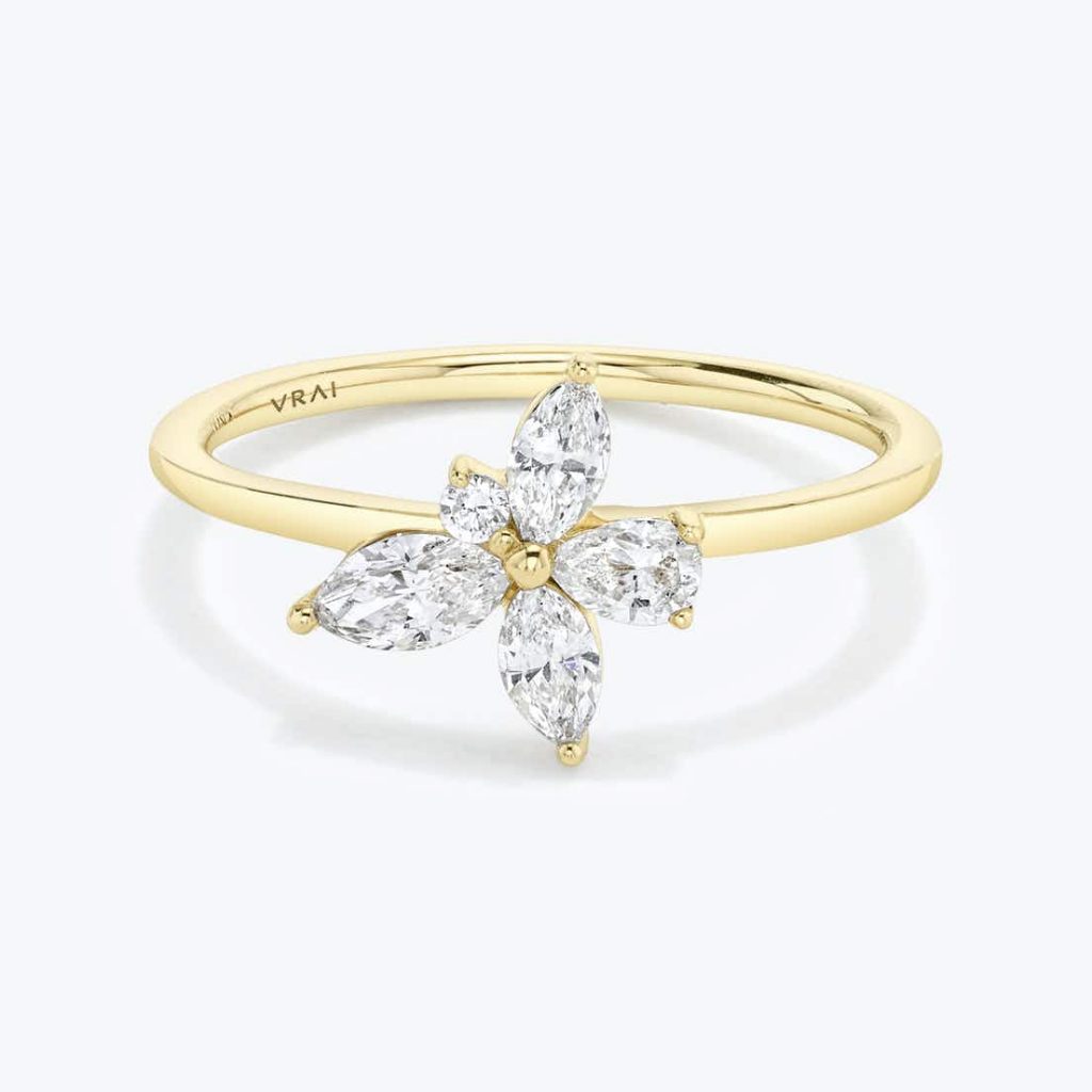 Floral cluster of pear and marquise-style diamonds on a slim yellow-gold ring