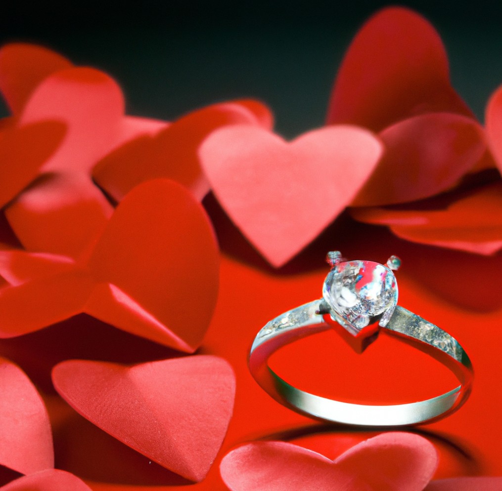 Decorative illustration of a solitaire ring surrounded by red hearts