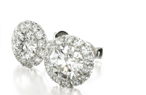 Round diamond halo stud earrings with push backs in white metal