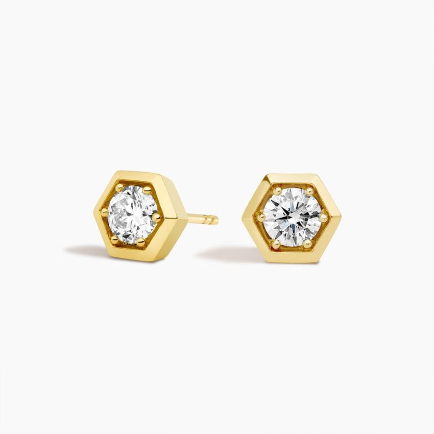 Hexagon-bezel lab-grown diamond stud earrings in yellow gold