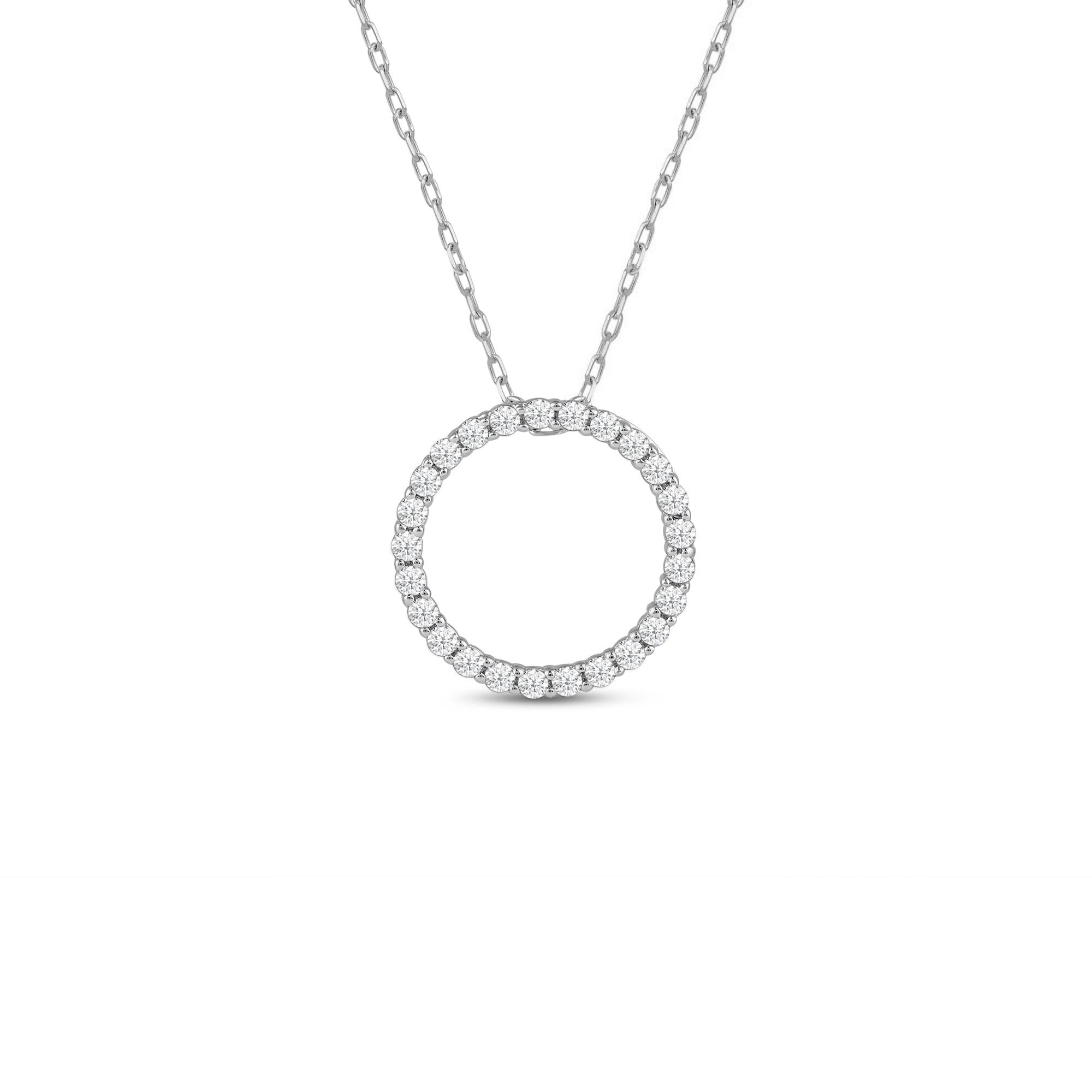 Open circle pendant set with lab-grown diamonds in white gold