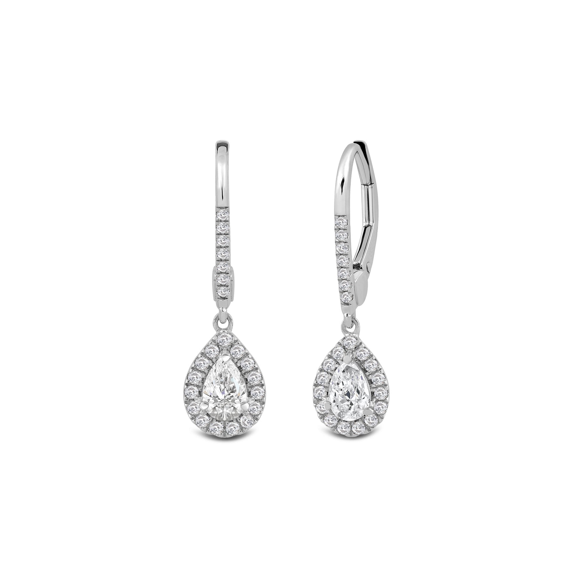 Pear-shaped lab-grown diamond halo drop earrings in white gold