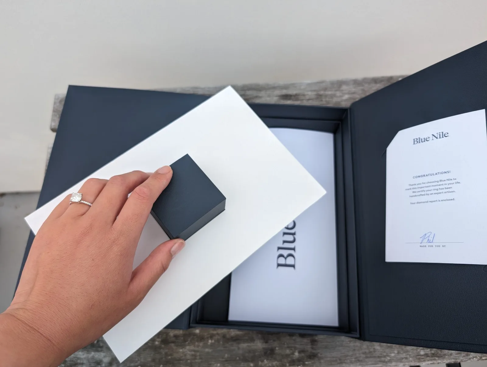 Our Blue Nile ring, presentation box, and paperwork after delivery. Blue Nile engagement ring, presentation box, and paperwork from our order