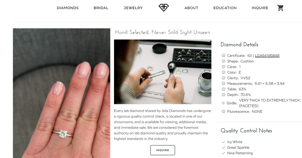 Diamond details and buying options on Ada's website