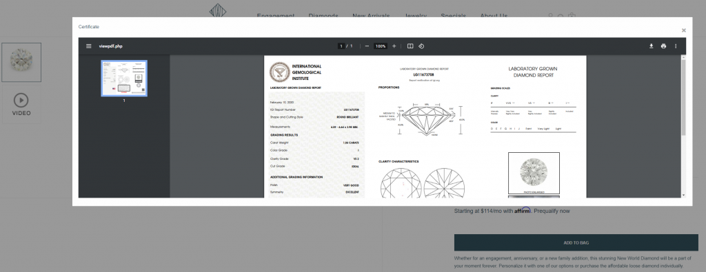 Grading report shown during our New World Diamonds research
