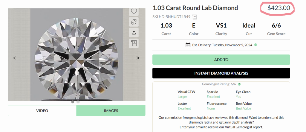 Ritani diamond with comparable headline grades in our March 2023 search