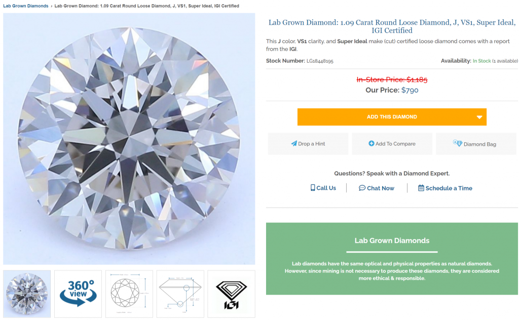Brilliance.com diamond page in 2022. Brilliance.com loose-diamond product page with image and inspection controls