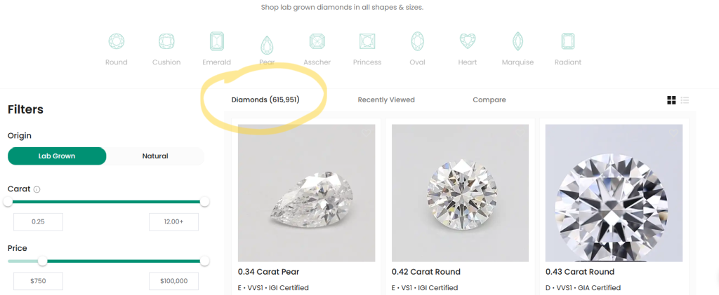 Brilliance.com lab-grown diamond search in November 2025. Brilliance.com search page showing 615,951 lab-grown diamond results