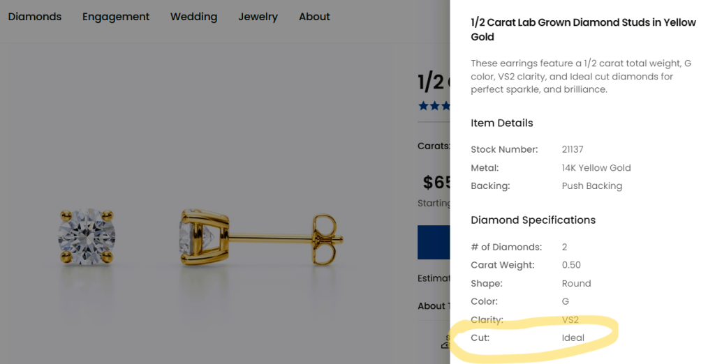 Preset lab-grown diamond stud details in November 2025. Brilliance.com preset stud page showing an Ideal cut description