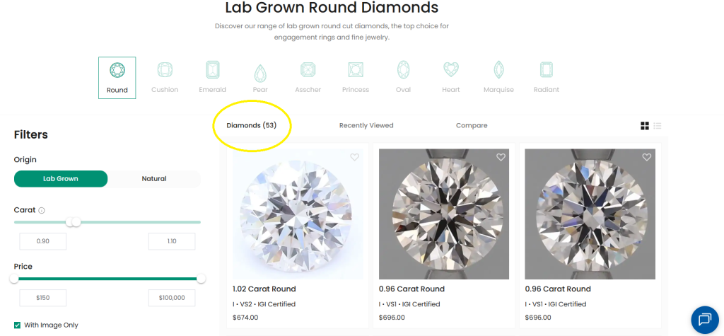 A November 2025 reference-diamond search. Filtered Brilliance.com search showing 53 reference diamonds