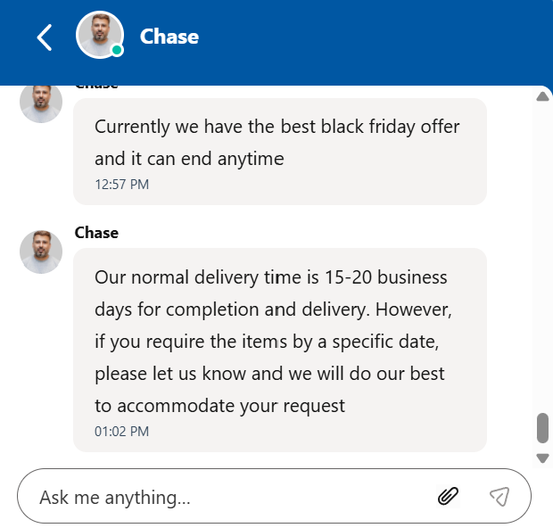 Brilliance.com support chat in November 2025. Brilliance.com support chat showing a Black Friday offer and delivery estimate