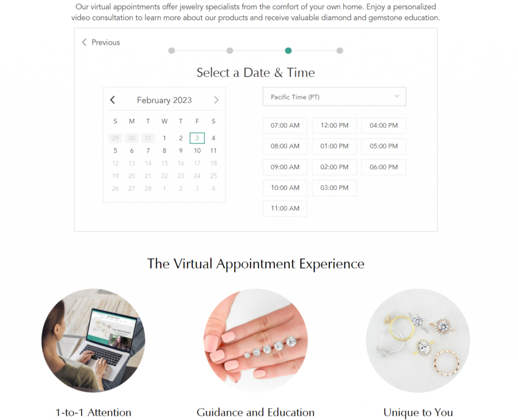 Virtual appointments were already a strength in our original review. Brilliant Earth virtual appointment booking