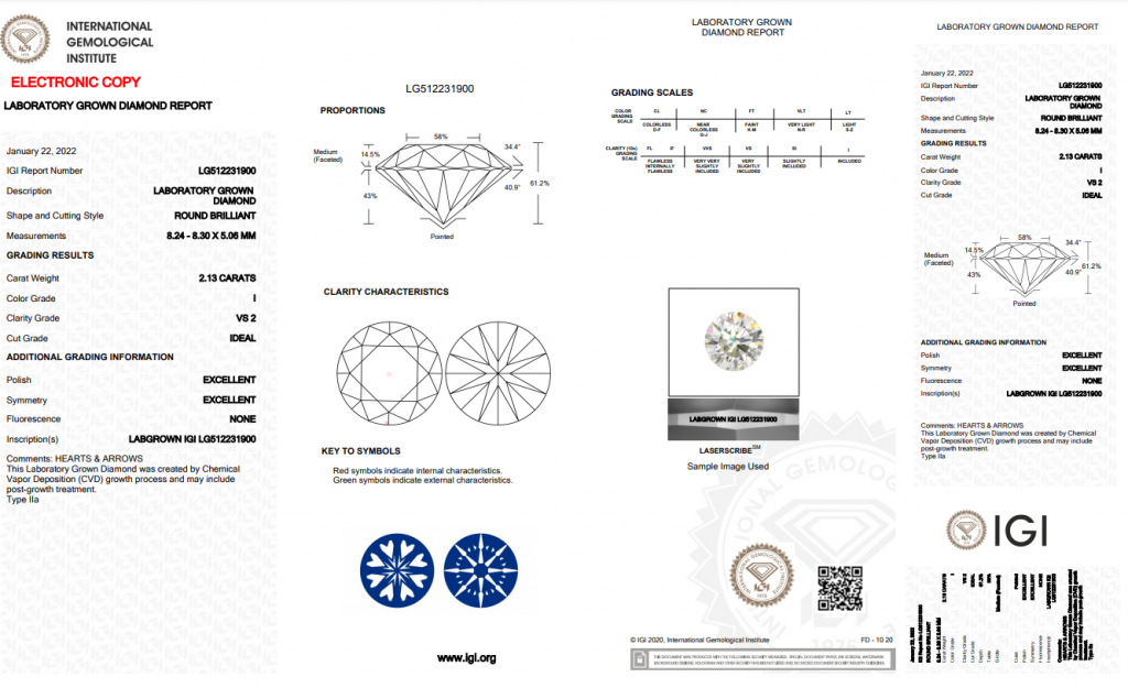IGI grading report for a Clean Origin diamond