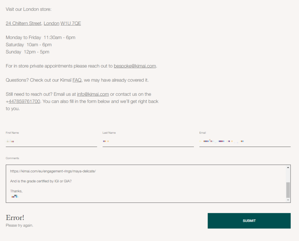 Kimaï contact form from our support test