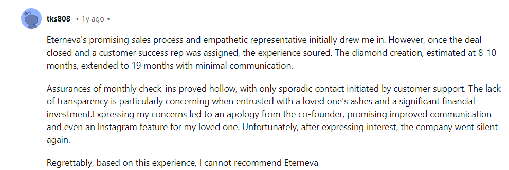 A customer account discussing the length of the Eterneva process