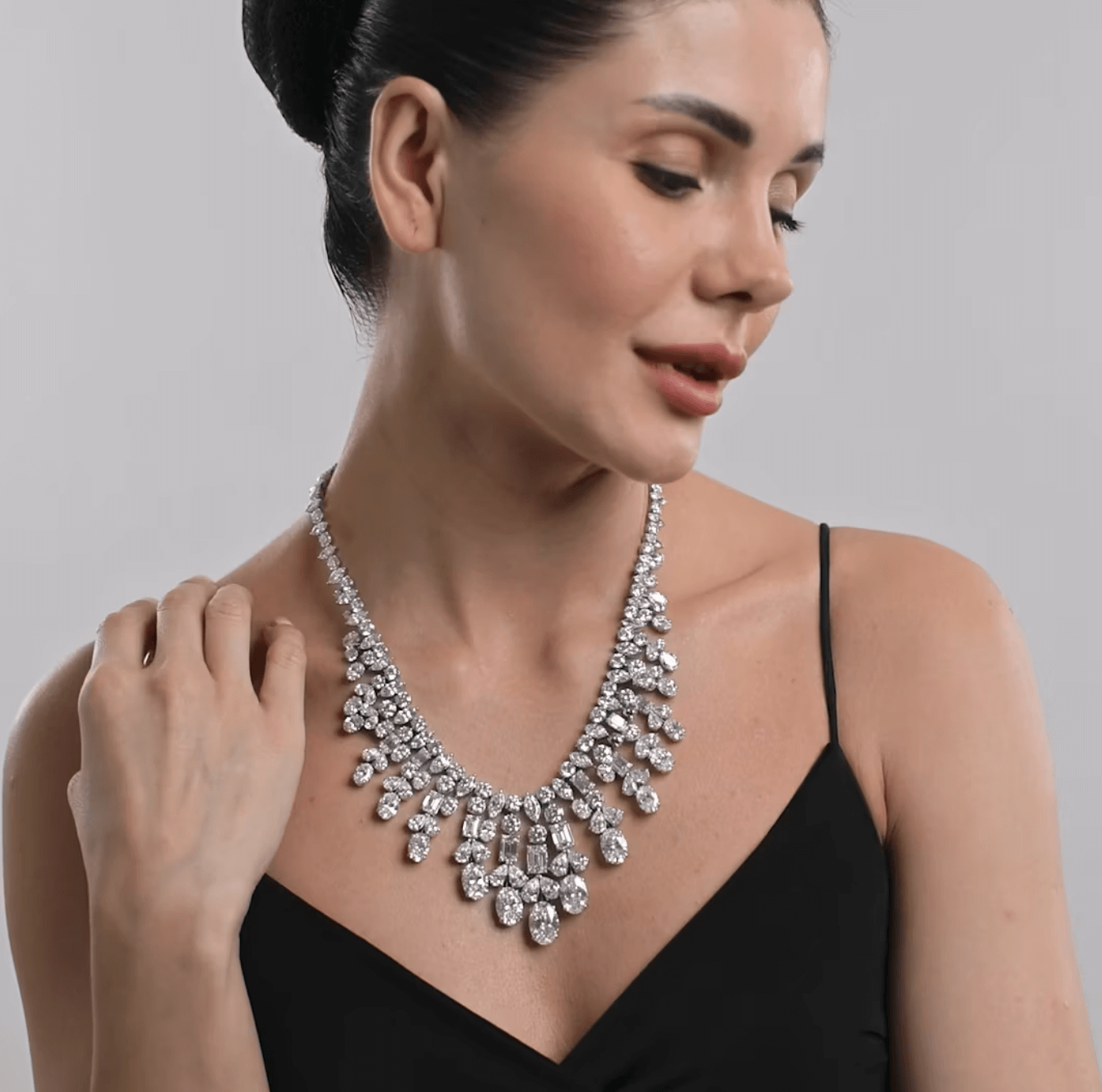 Model wearing an elaborate Grown Brilliance diamond necklace