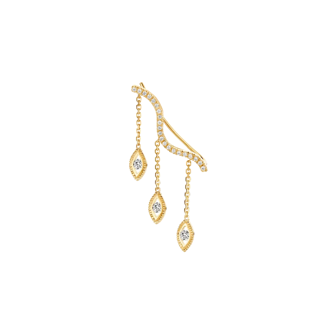 Curved diamond-set gold earring with three eye-shaped drops on fine chains