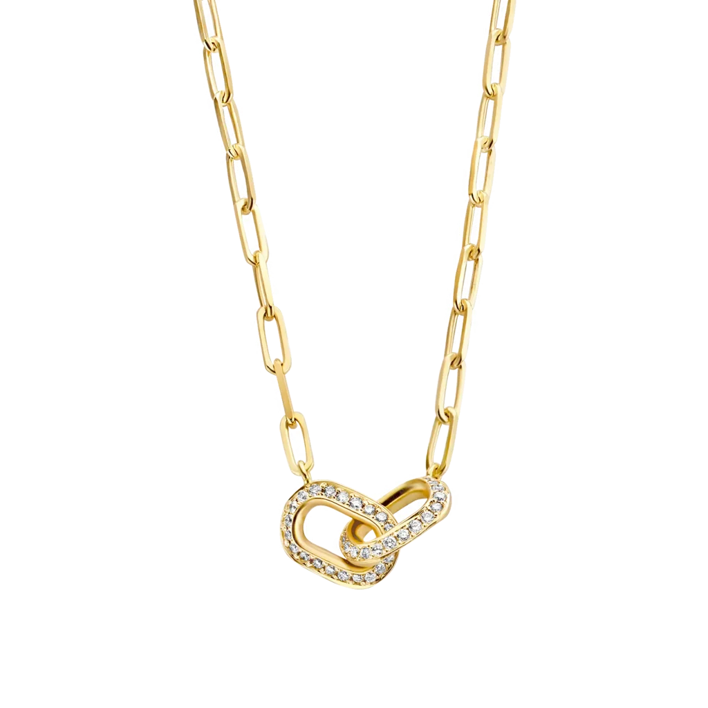 Gold necklace with two interlocking diamond-set links on a long-link chain