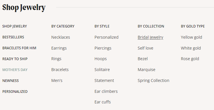 Jewelry categories on Kimaï's website