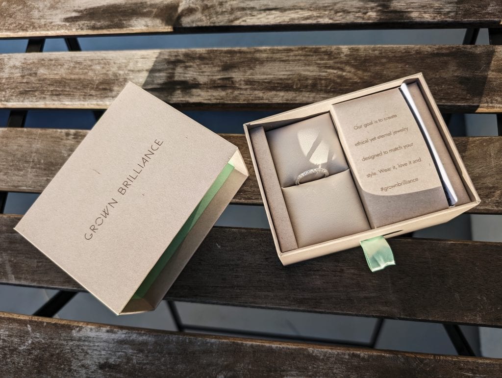 Eternity ring purchased from Grown Brilliance in its recycled presentation box