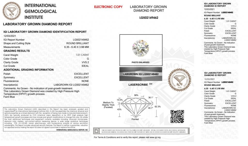 IGI lab-grown diamond grading report used in our James Allen research