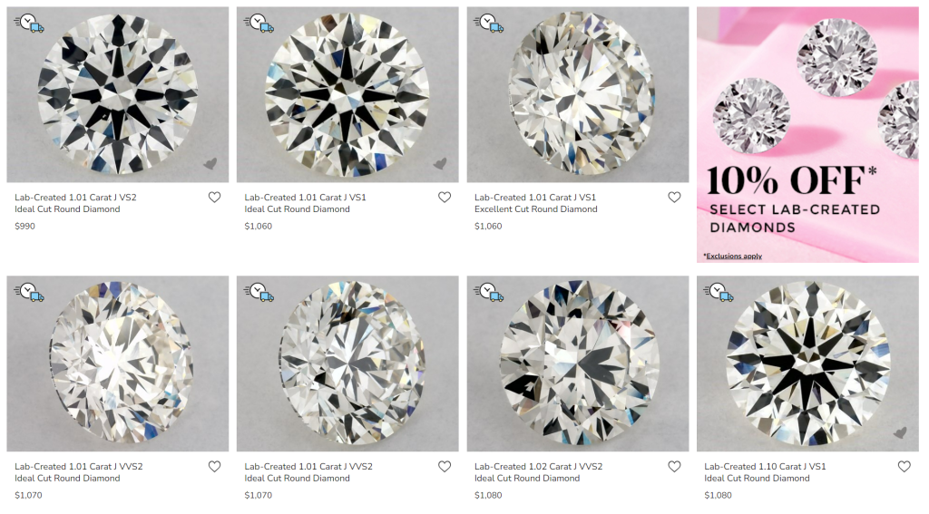 Historical James Allen loose-diamond comparison screen