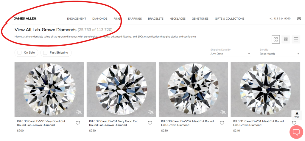 James Allen loose lab-grown diamond inventory in 2024