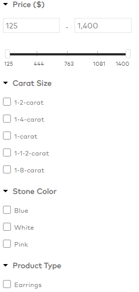 Filters for price, carat weight, and diamond color. Lightbox's jewelry filters